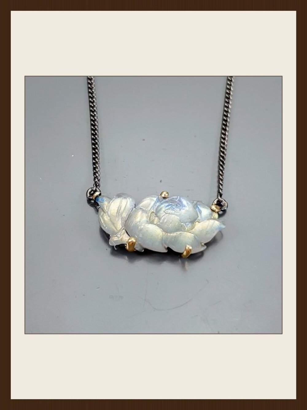 Necklace 20 CT Natural Labradorite Carved Rose 925 19"